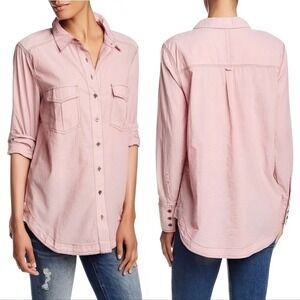 Free People Last Chance Shirt Pink Cotton Button Down Long Sleeve Top Women's LG